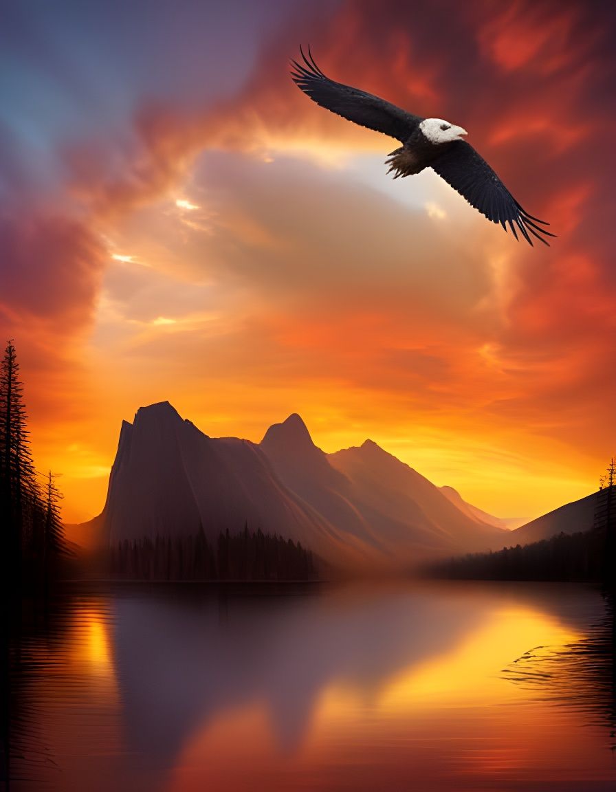 Rocky Mountain Sunset with Eagle in Kaleidoscope Style