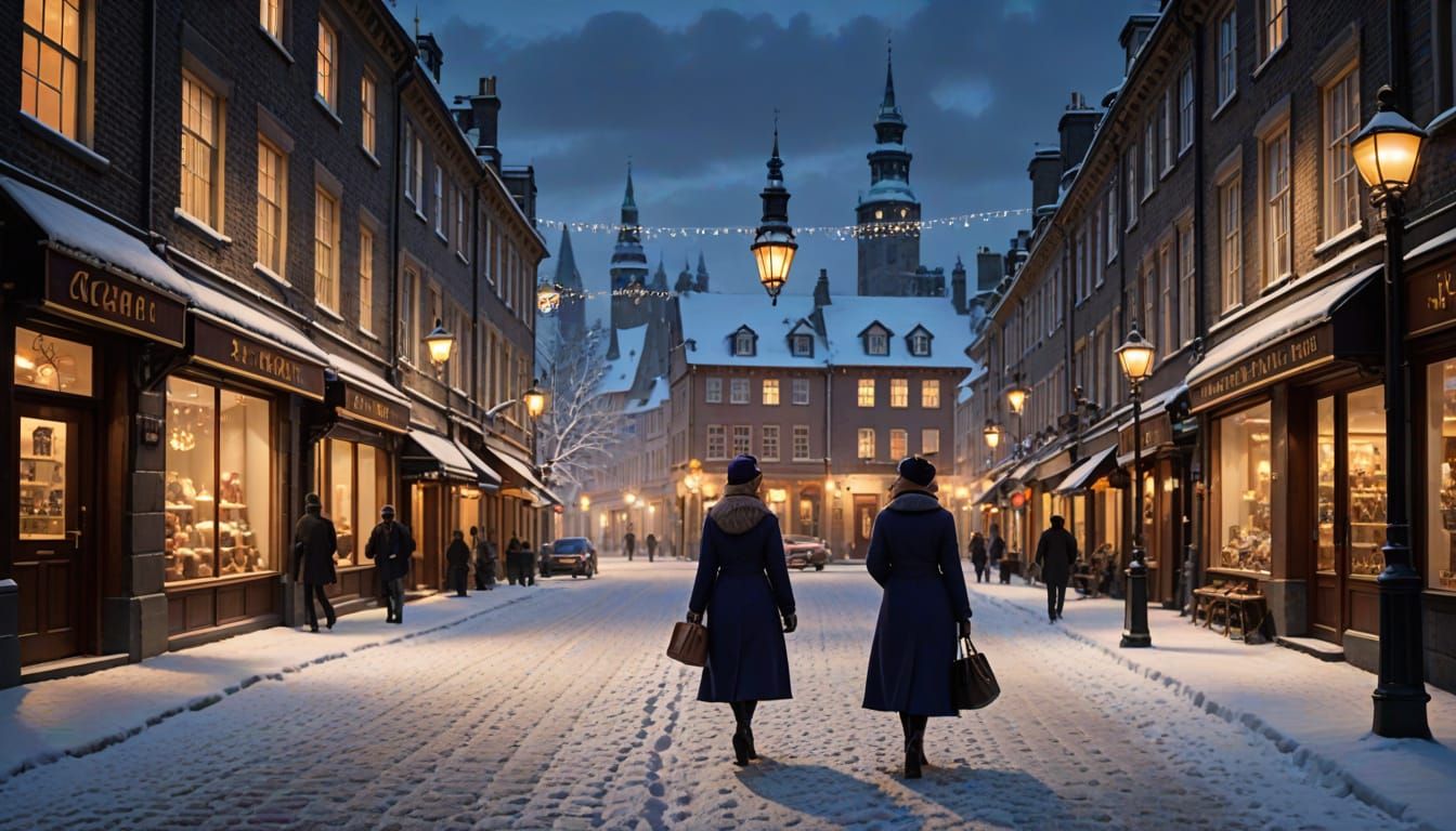 Bustling Winter City Street at Dusk in 8k