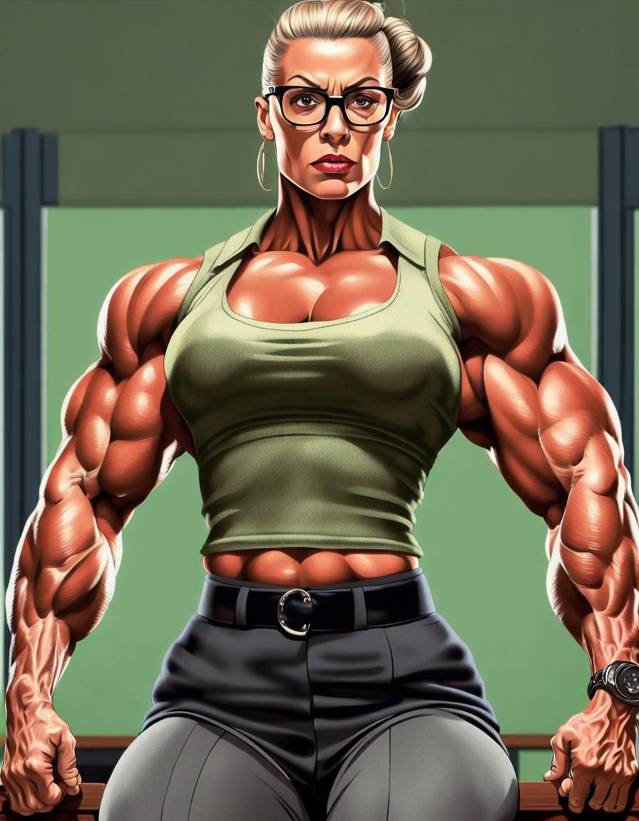 Muscular Schoolteacher Poses in Office, Photorealistic Style