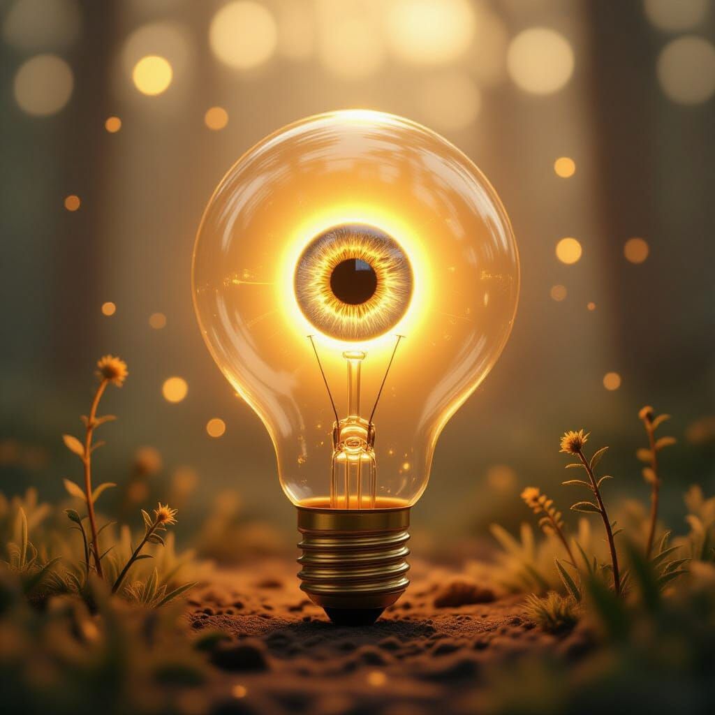 Glowing Eyeball Light Bulb in Golden Aura