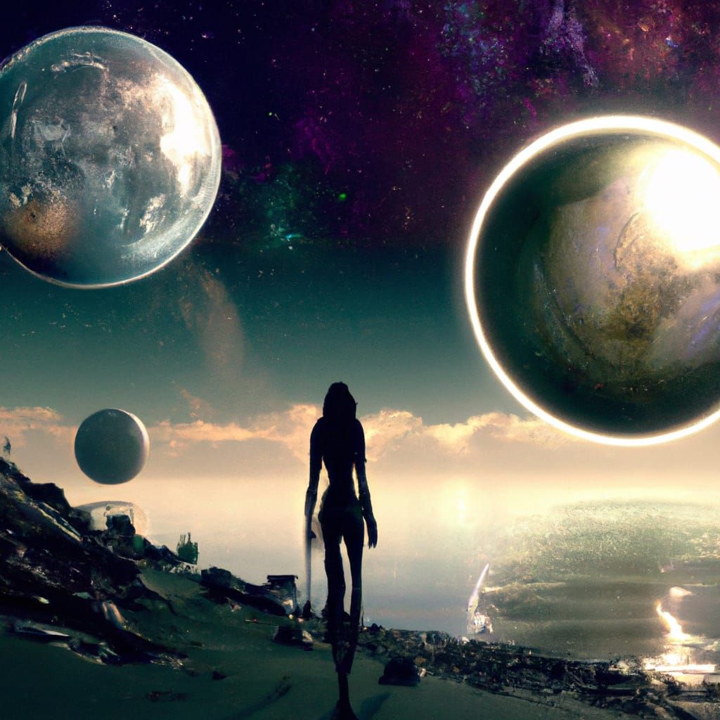 tall woman beautiful face longhair steps toward eternal silence in space with stars planets moons photorealistic bright ...