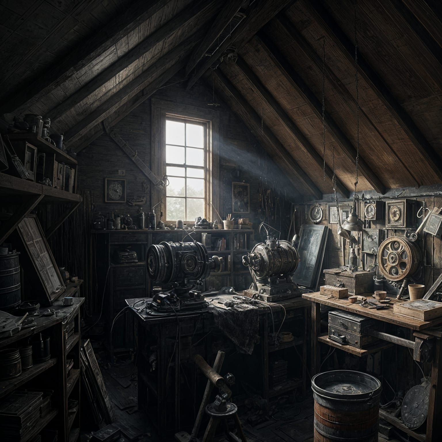 Abandoned Attic with Steampunk Contraption in Chiaroscuro Li...