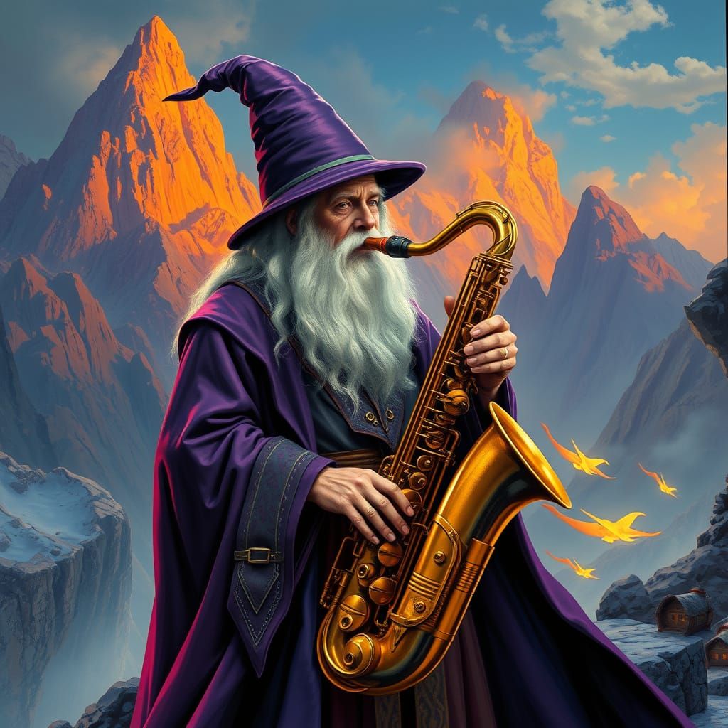Elegant Gandalf Plays Sax in Mystical Mountain Landscape