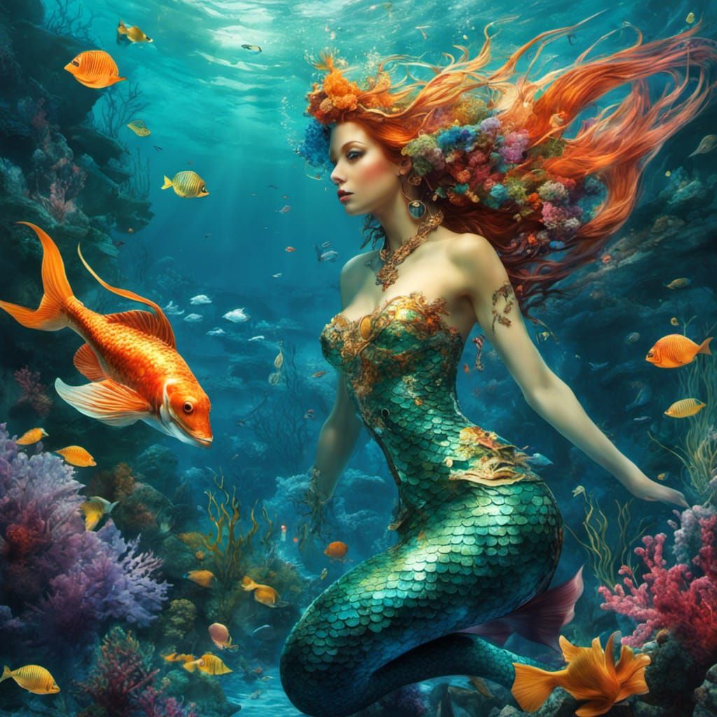 Vibrant Mermaid in Detailed Underwater Scene