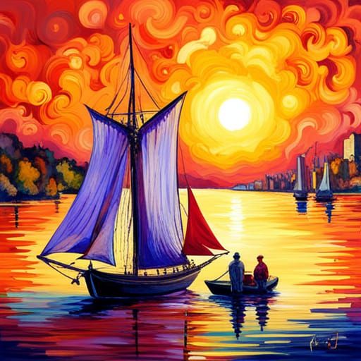 Golden Tall Ships in Surreal Expressionist Style