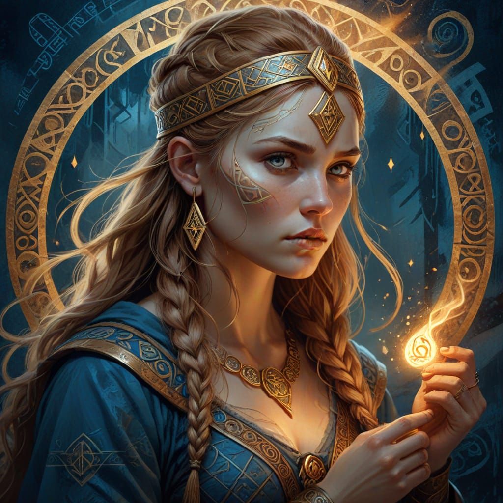 Viking Woman Studying Runes in Art Nouveau Style