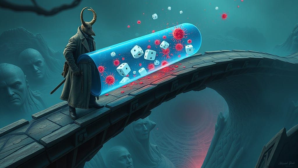 Eldritch Eland Man Treads Mystical Bridge