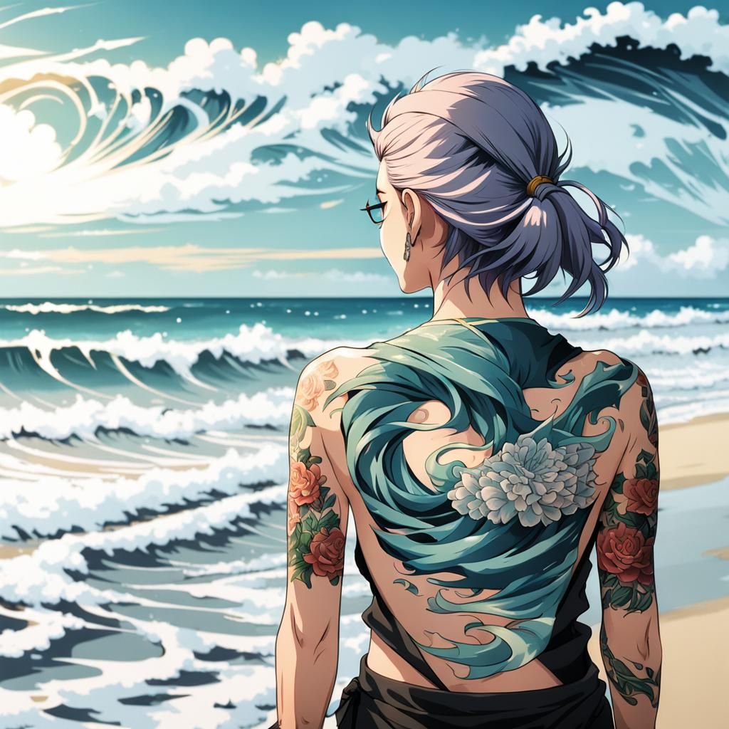 Anime Woman with Wave Tattoo on Beach