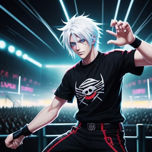 Anime Teen at Concert with Neon Stage Lights