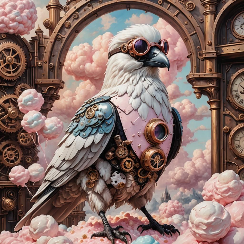 Steampunk Raven in Marshmallow Landscape: Hyperreal Oil Pain...