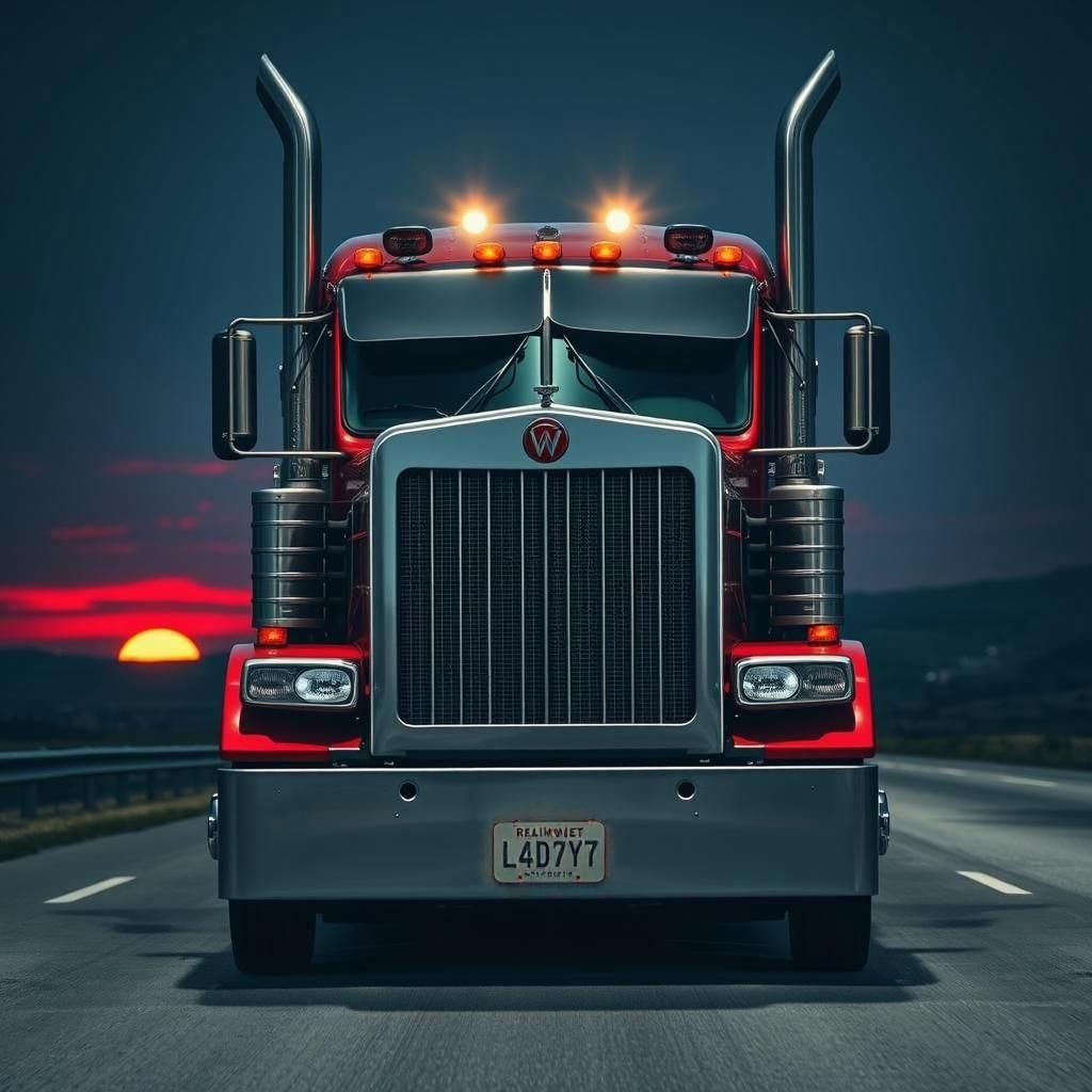 Kenworth Tractor Trailer at Night with Setting Sun