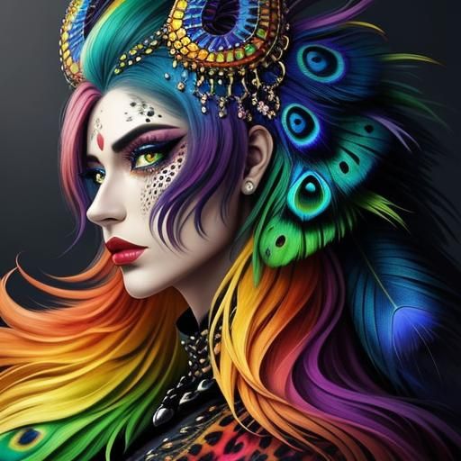 Rainbow Dragon Woman: Abstract Art with Peacock Hair