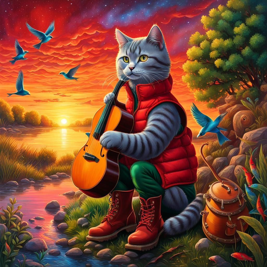 Cat Plays Music at Sunset: Cosmic Illustration