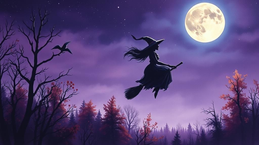 Witch Rides Broomstick in Gouache Impressionist Style