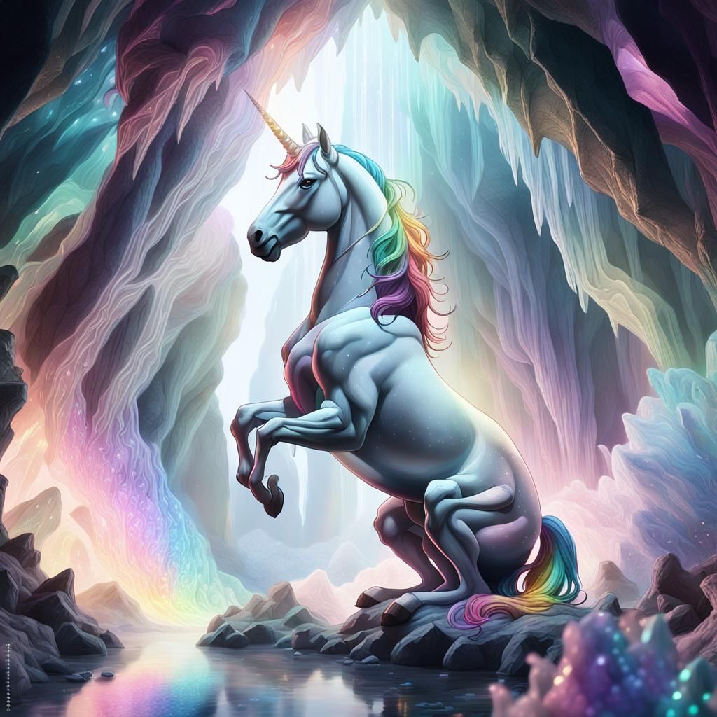 Unicorn Farting in Crystal Cave: Ethereal Fantasy Art