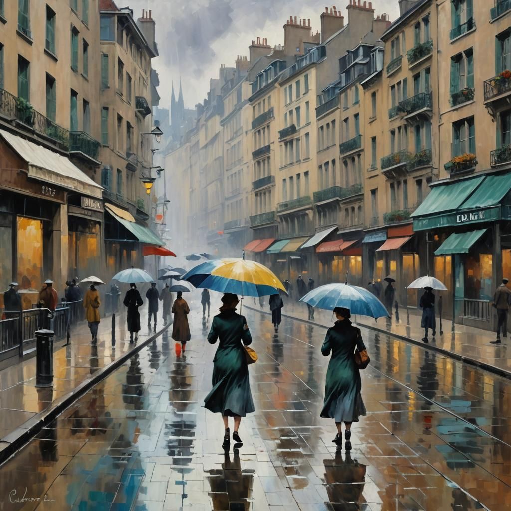 Rainy City Street Scene in Impressionist Style
