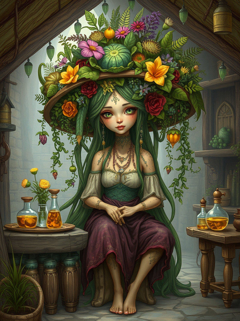 Dryad Sells Healing Potions in Fantasy Marketplace