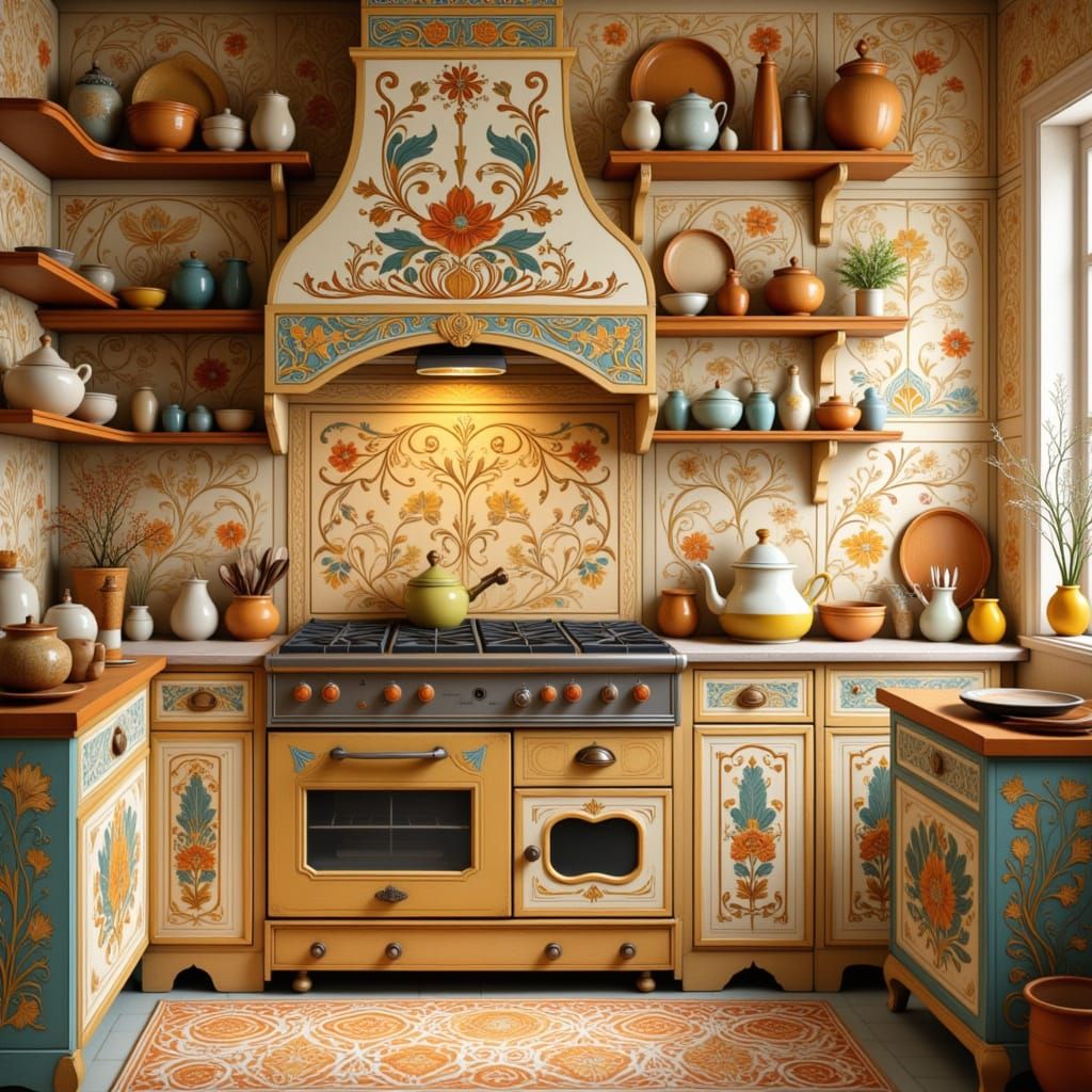 Vibrant Folk Art Nouveau Kitchen Scene