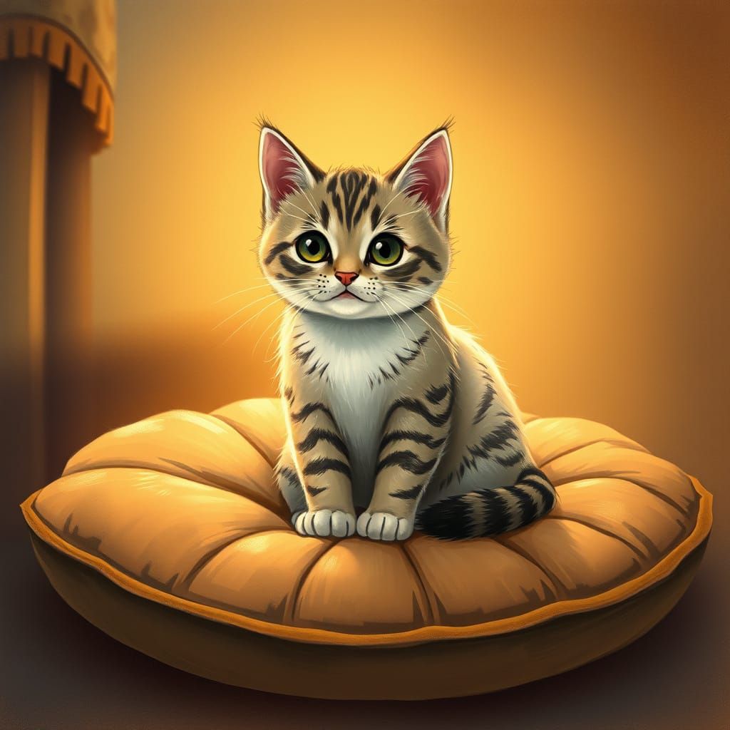 Cute Cat on Velvet Cushion, Illustrated Style