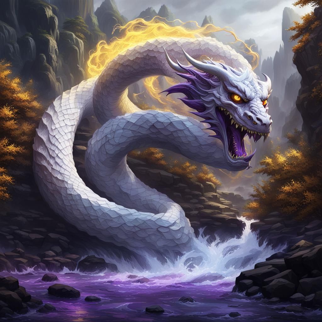 Majestic Serpent Demon Blocking River, Detailed Dark Fantasy