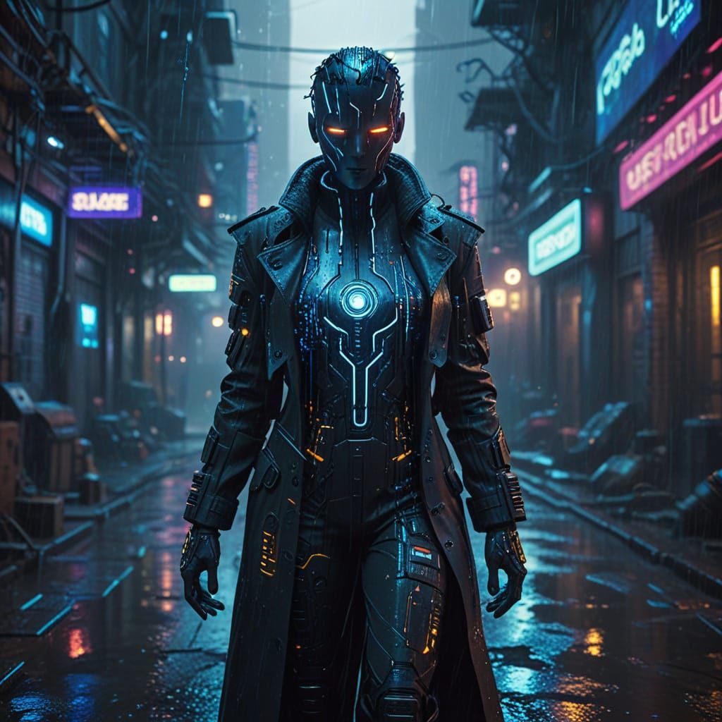 Android Warrior in Cyberpunk Neon Noir