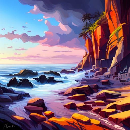 Rocky Shoreline Cliff Cave Beach in Graffiti Art