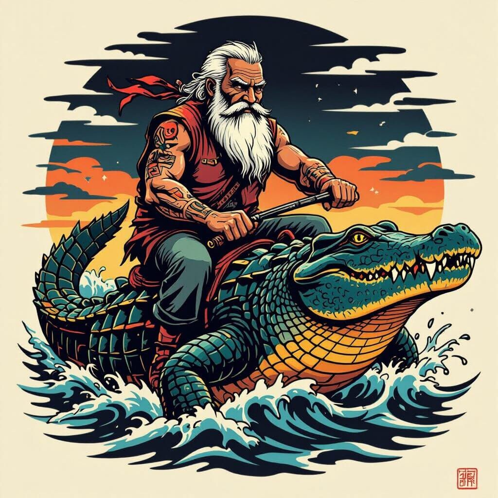 Old Man Rides Crocodile in Traditional Tattoo Style