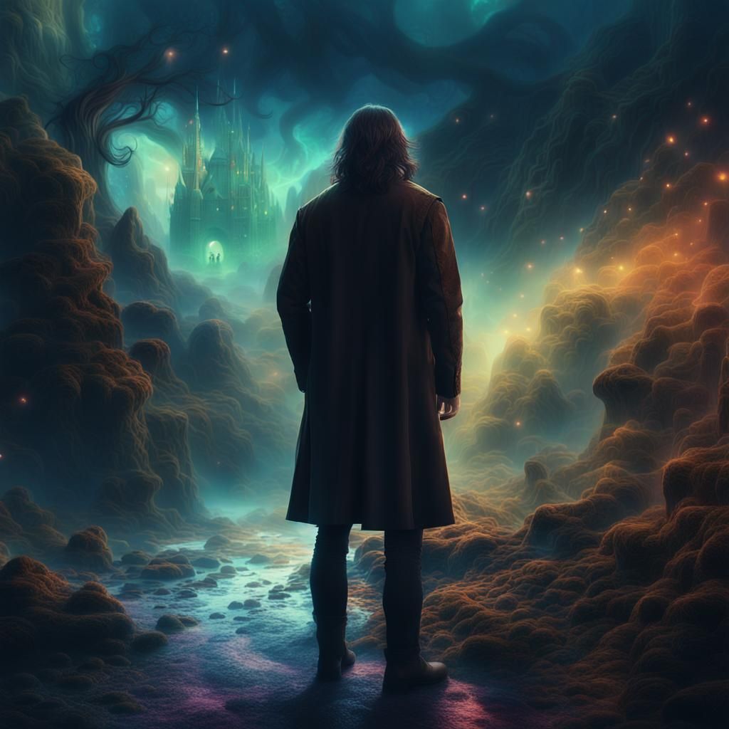Mystical Man with Long Hair in Dreamscape