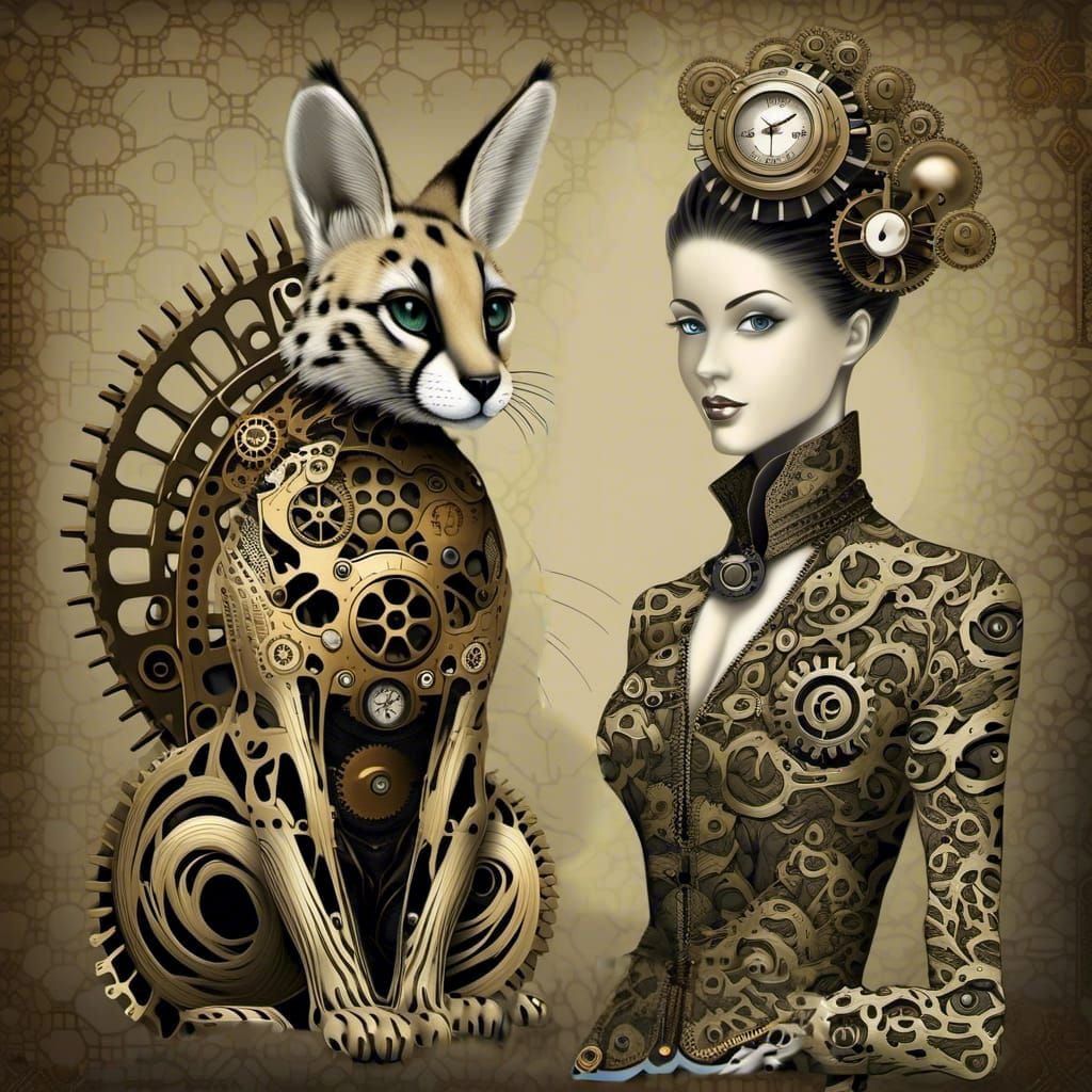 Steampunk Cybernetic Serval Cat with Librarian