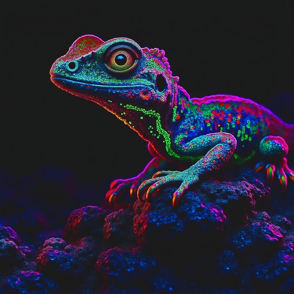 Vibrant Neon Lizard on Lava Rock in Cyberpunk Style