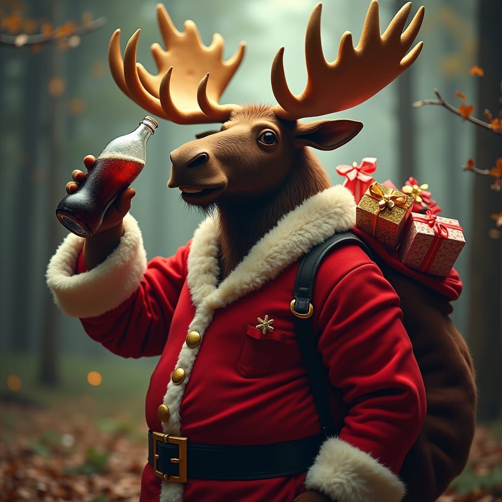 Santa Moose Drinks Cola: Cinematic Christmas Scene