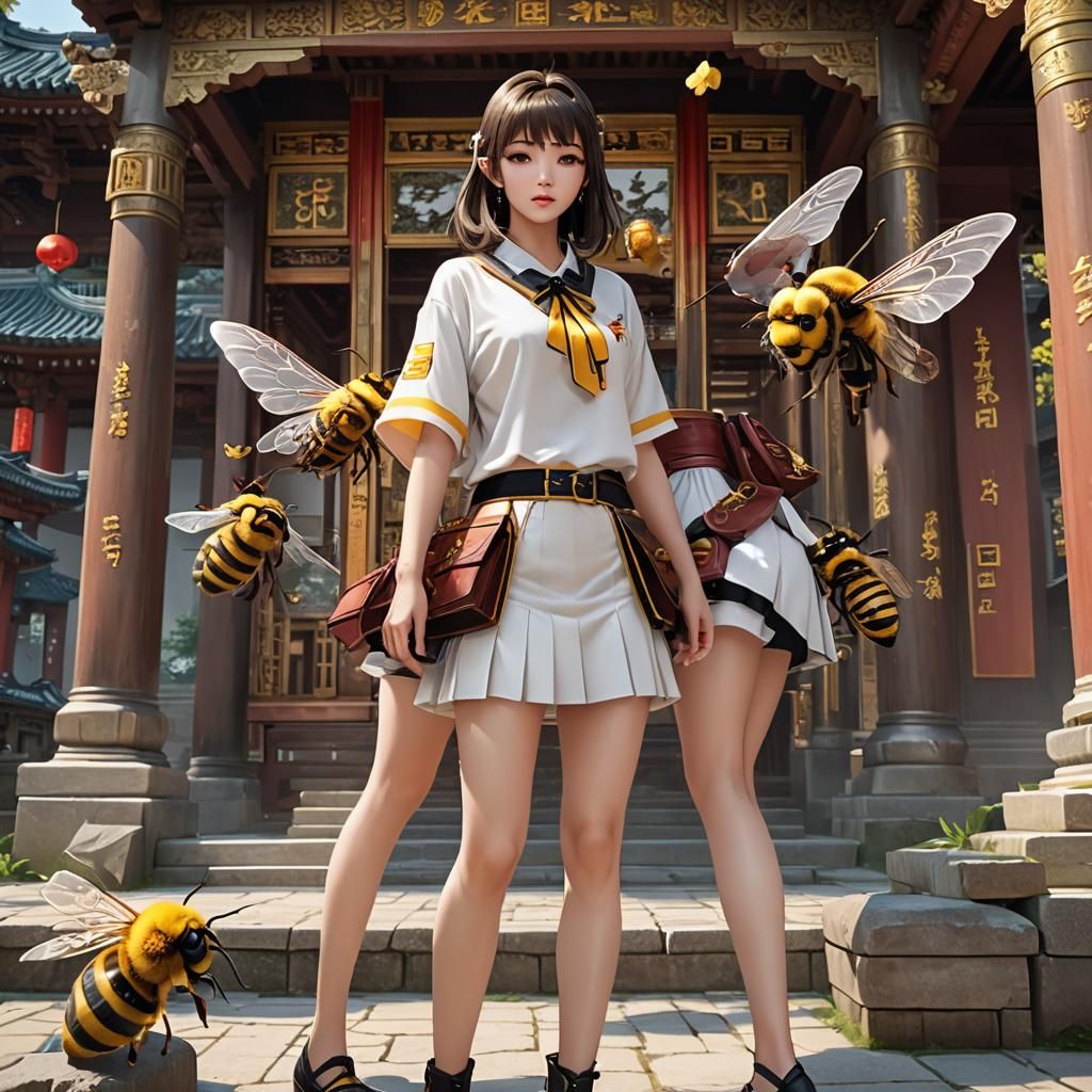 Anime Style Photo of Woman with Temple Background