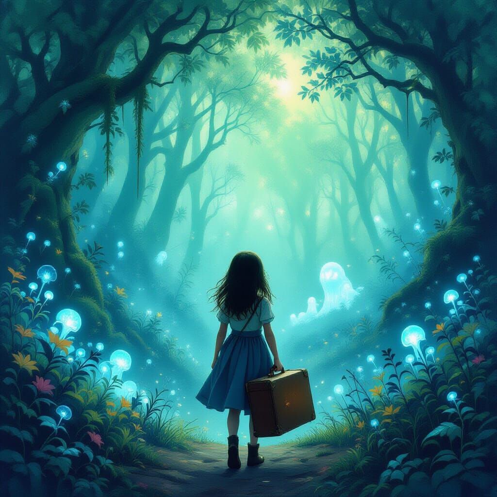 Girl at Glowing Forest Edge, Oil Painting Style