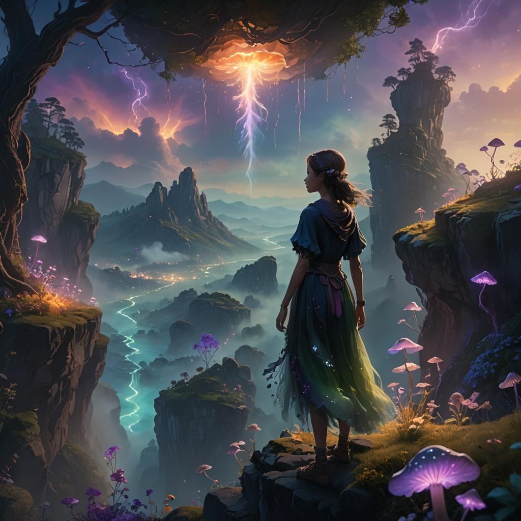 Ethereal Woman on Cliff Edge in Fantasy Landscape