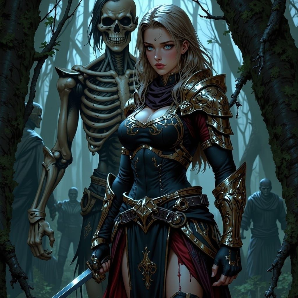 Fierce Female Warrior in Dark Forest