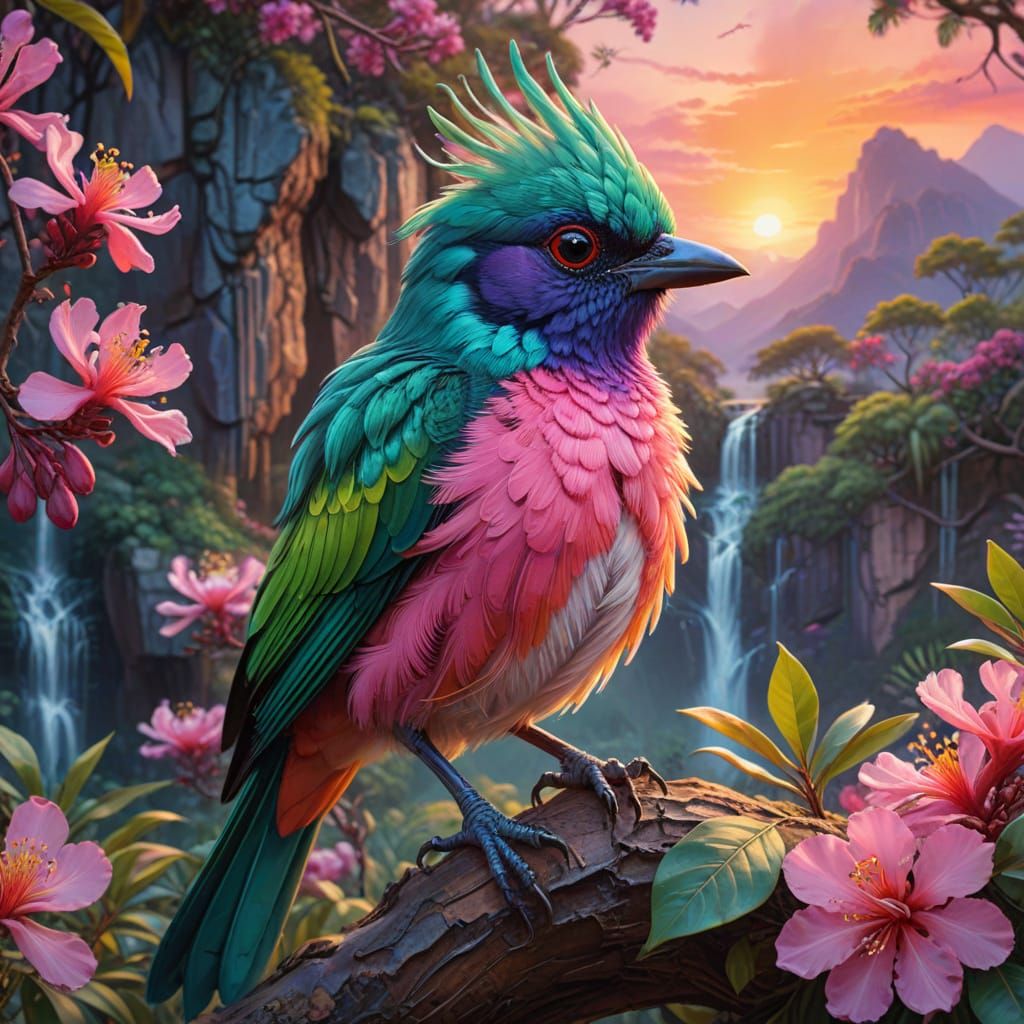 Vibrant Oil Painting of a Green Magpie in Bloom