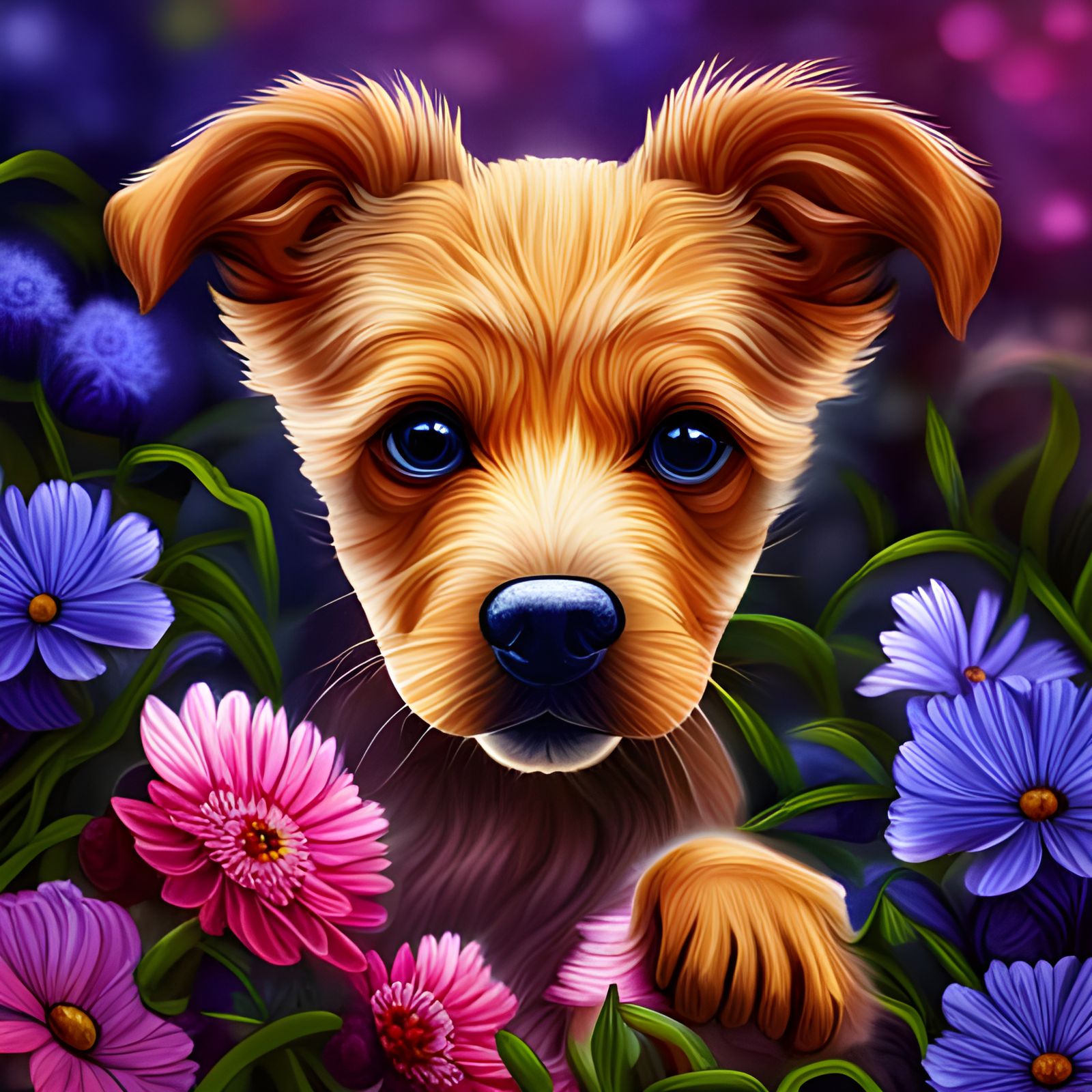 Cute Puppy with Flowers in Hyperrealistic Style