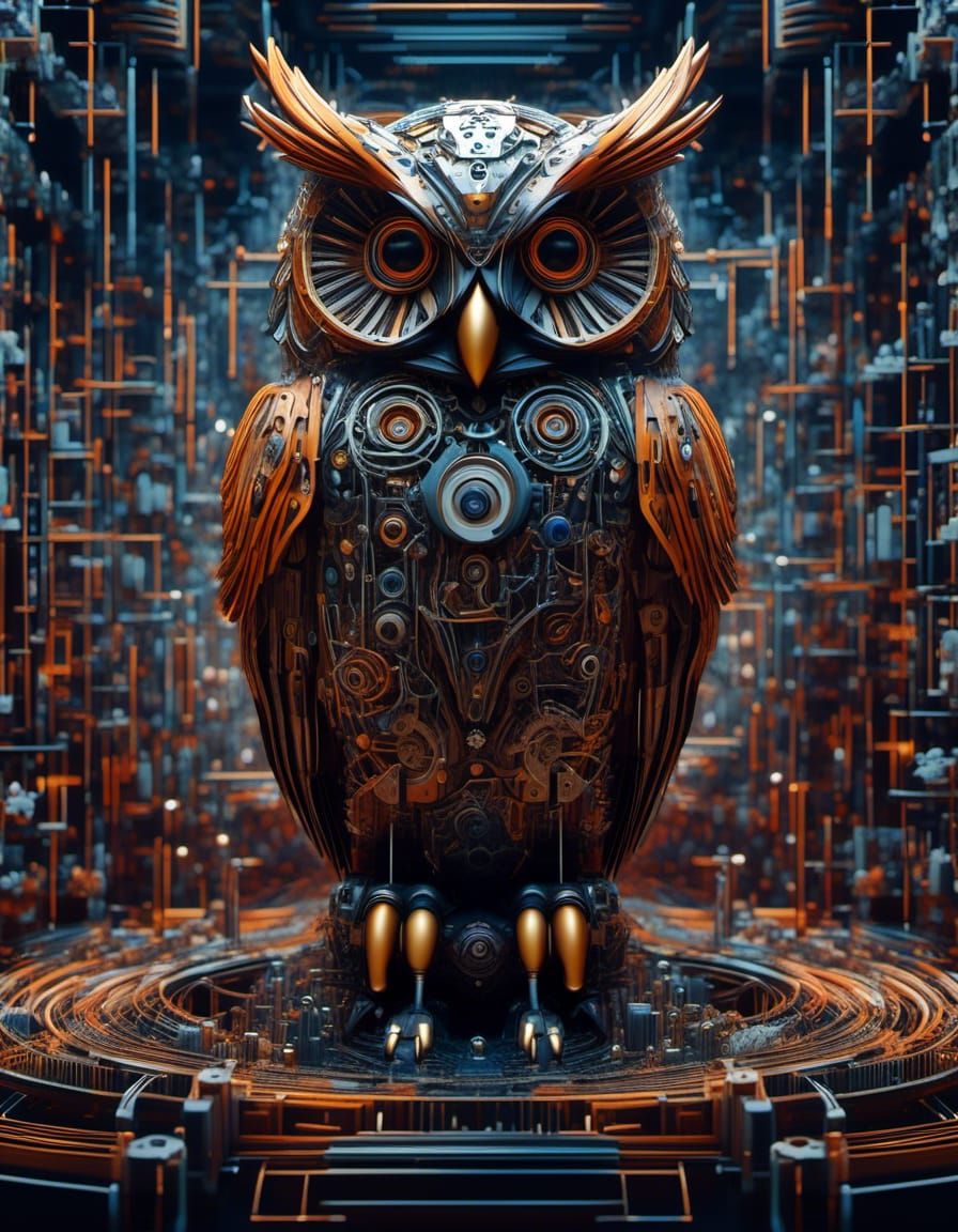 Mechanical Owl Sculpture with Cinematic Lighting