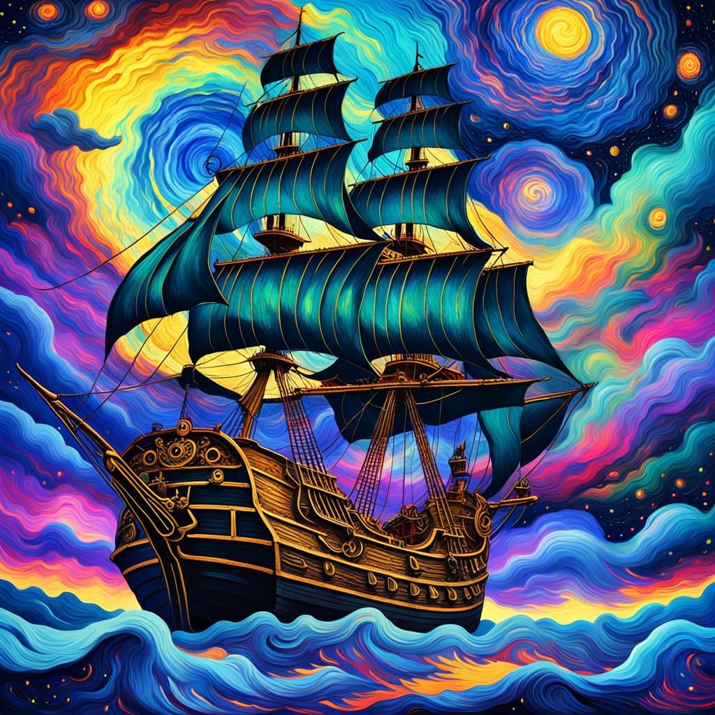 Cosmic Pirate Galleon in a Galaxy, Digital Art
