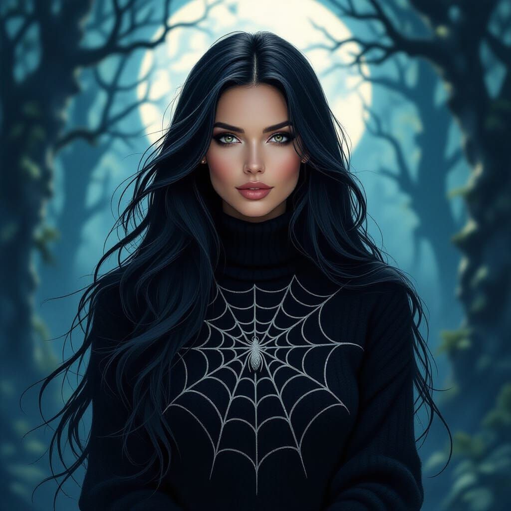 Wiccan Woman in Spiderweb Sweater Under Moonlight