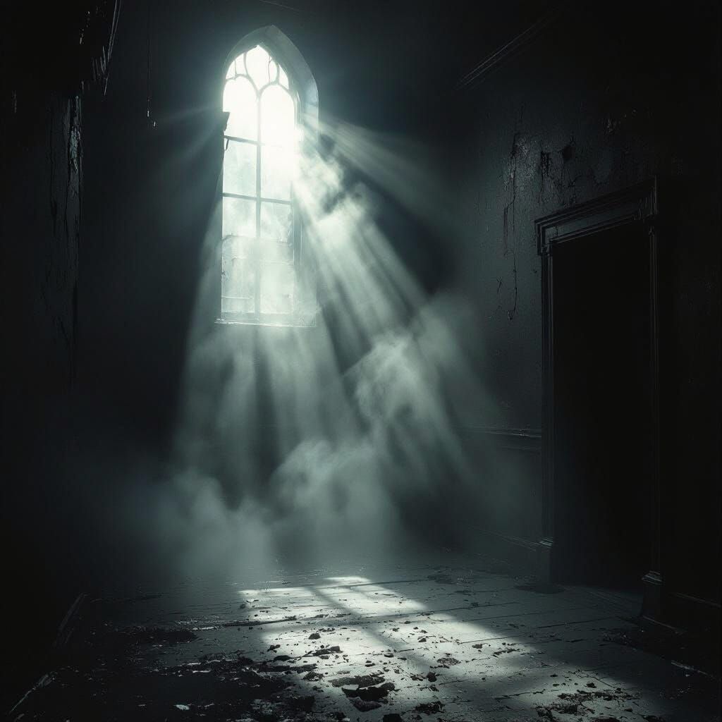 Scary Room with Single Light Shaft in Darkness