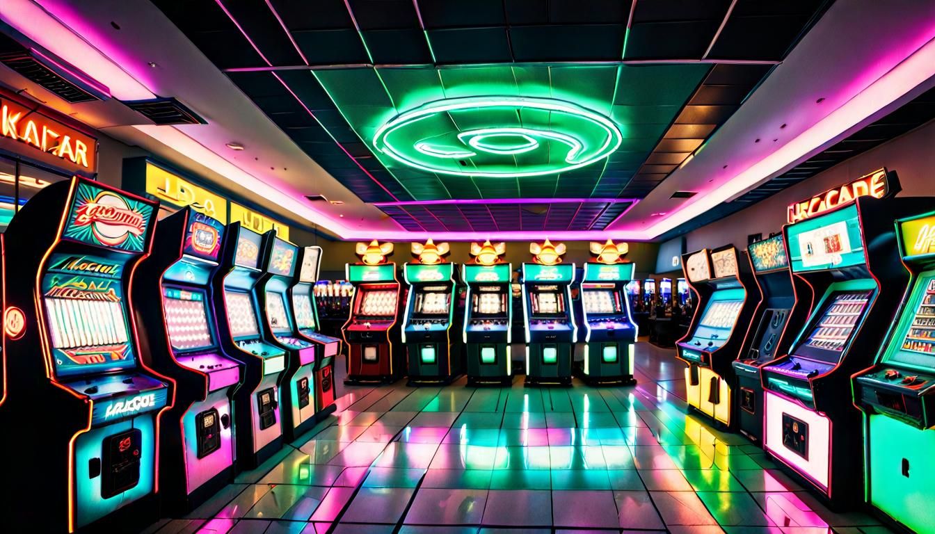 Gigantic multi-story open ceiling Americana Arcade filling a football stadium sized mall cyberpunk neon Style decor UHD ...