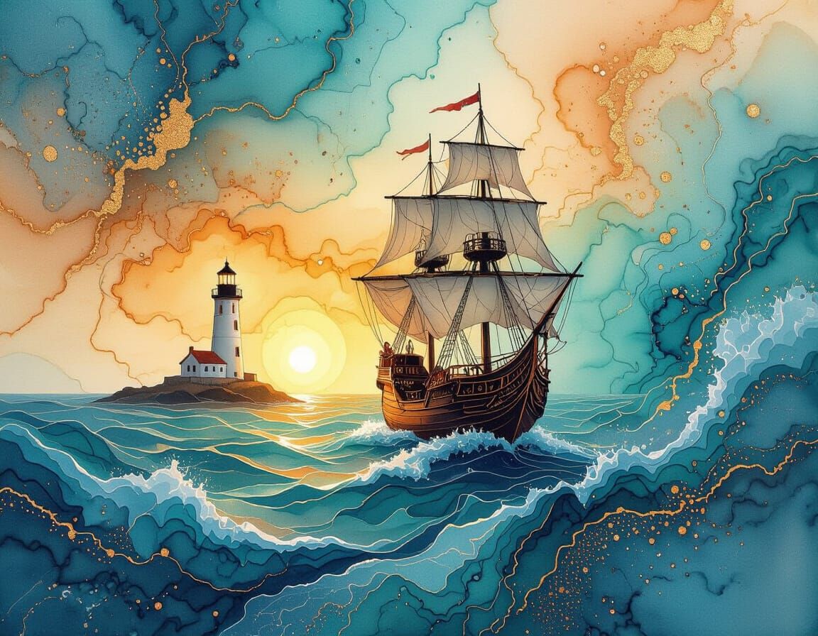 Galleon Ship by Lighthouse at Dramatic Sunset, Alcohol Ink A...