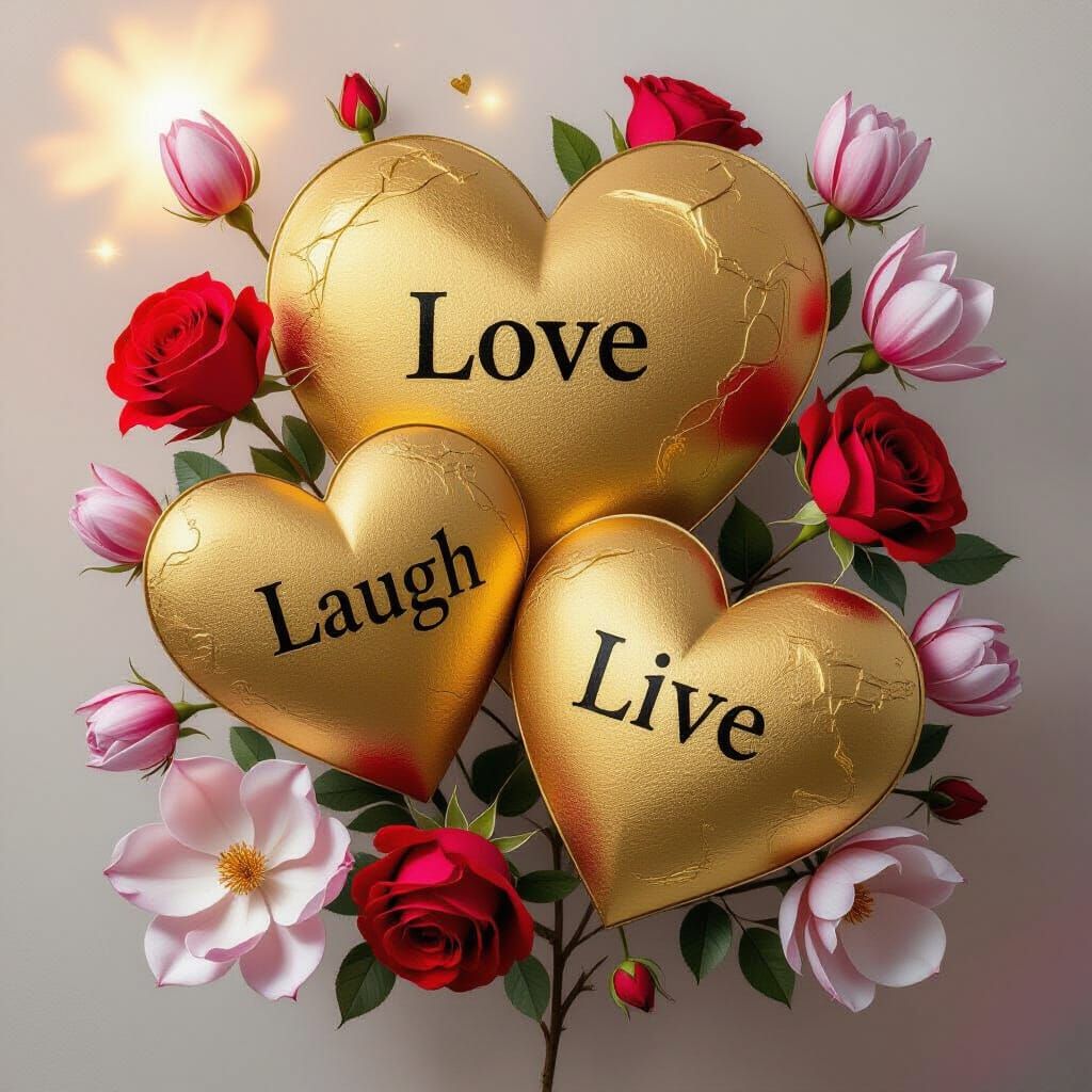 Golden Hearts Impasto Painting with Roses and Magnolias