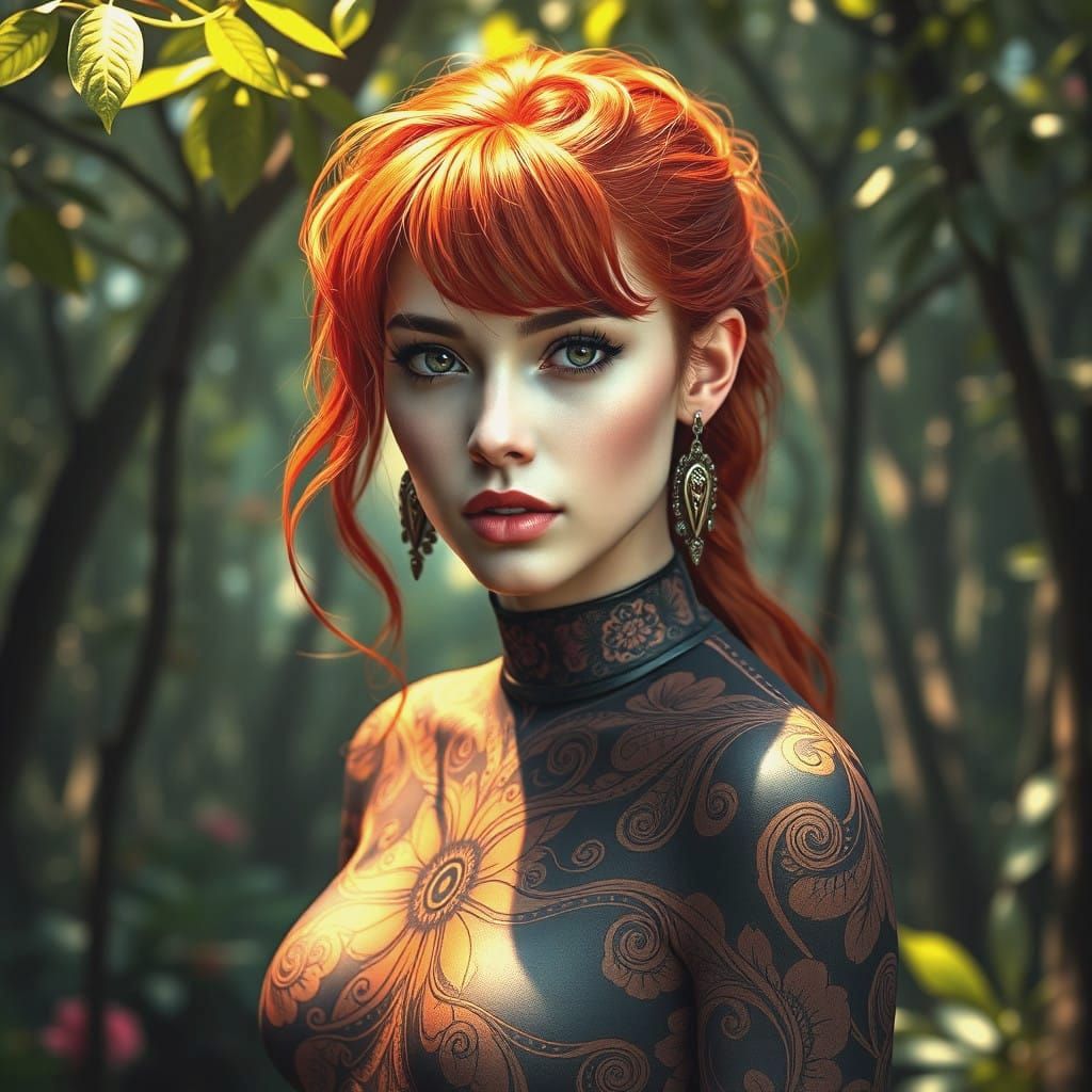 Stunning Boho Woman in Liquid Latex, Set Against a Lush Gree...