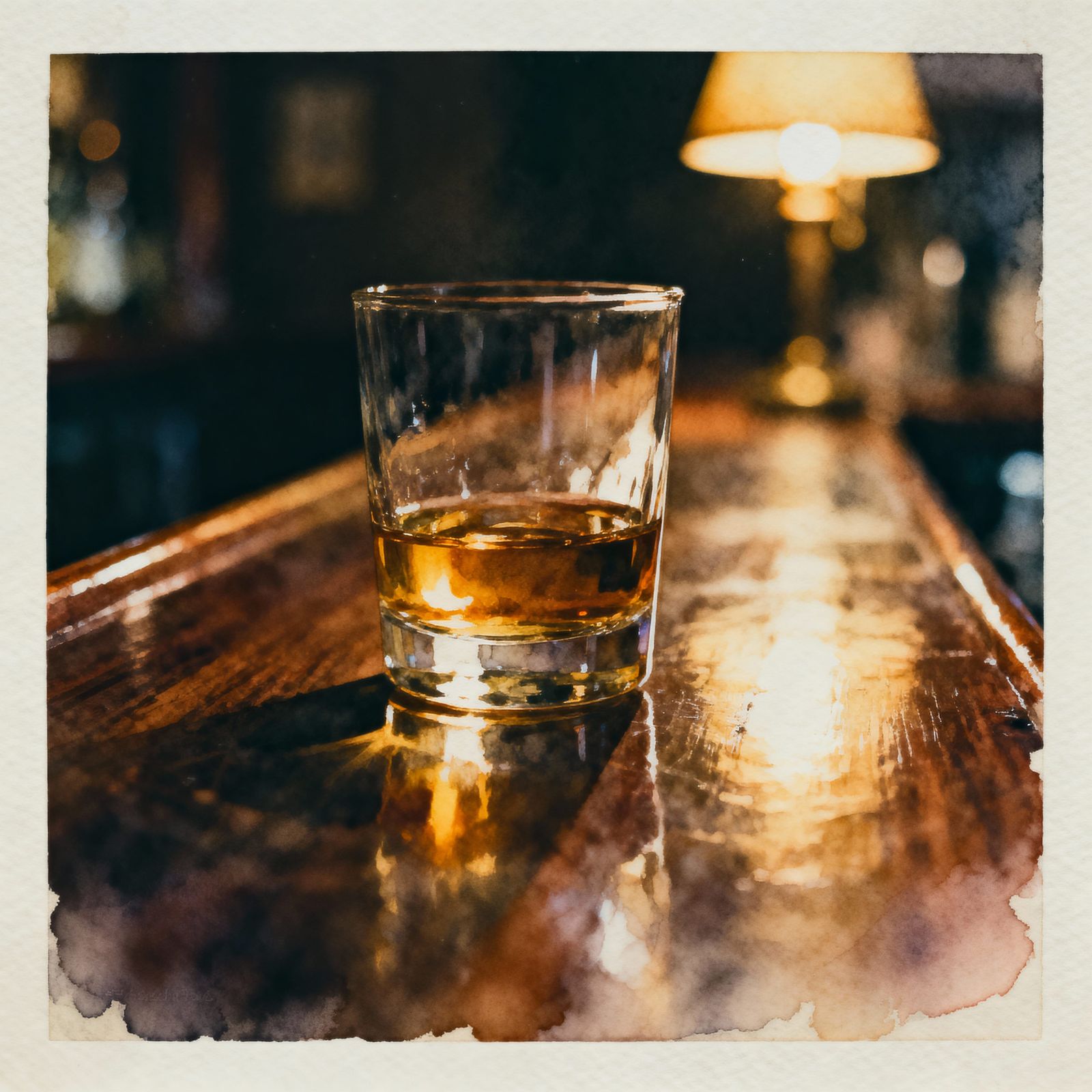 Whiskey Glass Reflecting Nostalgic Light on Wooden Bar