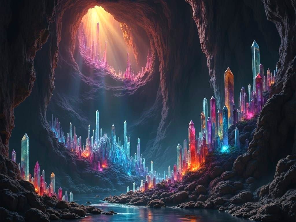 Subterranean Grotto with Crystalline Formations in Digital A...