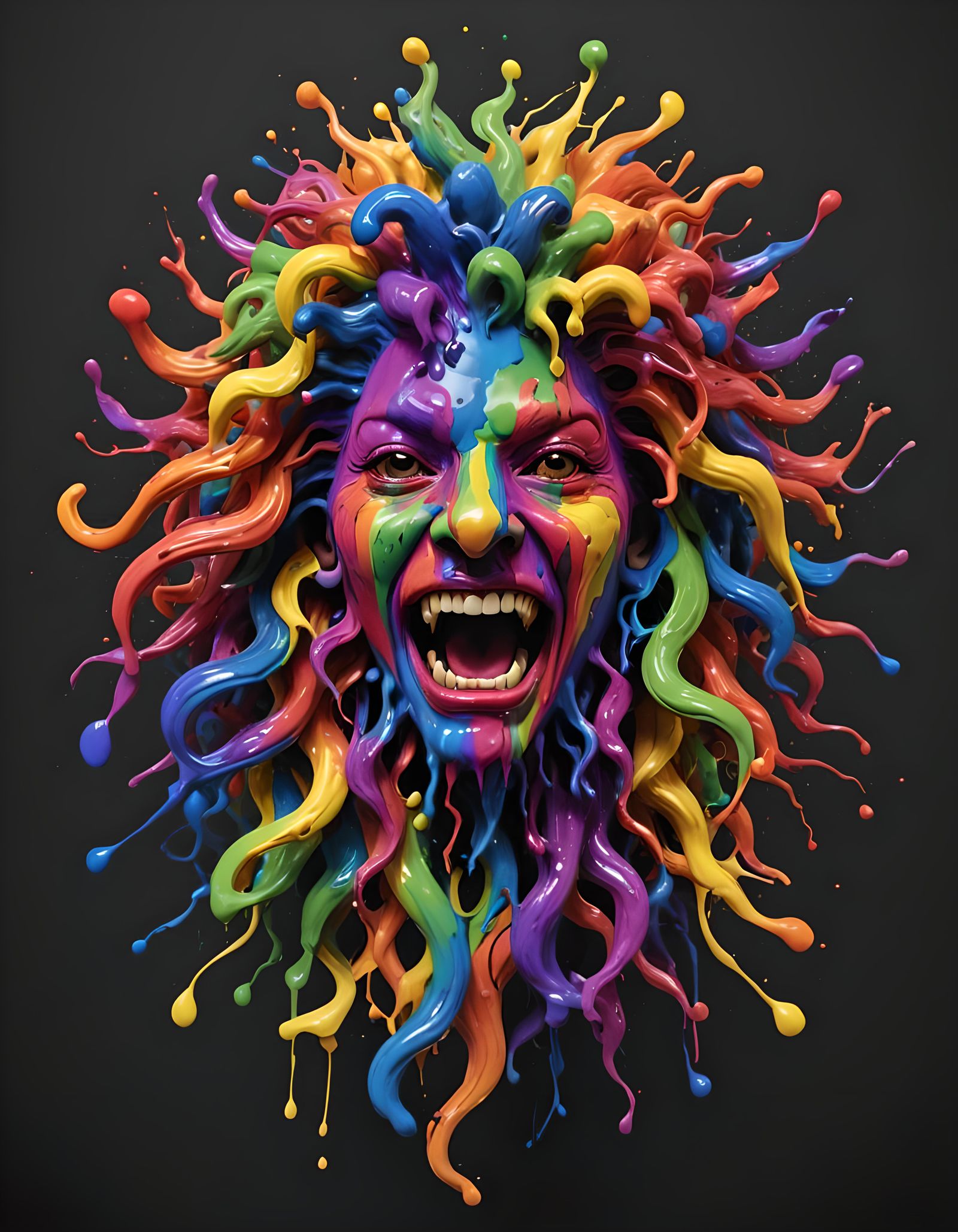 Rainbow Gorgon Paint Splat: Digital 3D Art