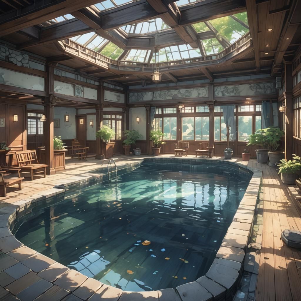 Haunted Manor Pool in Watercolor Anime Style