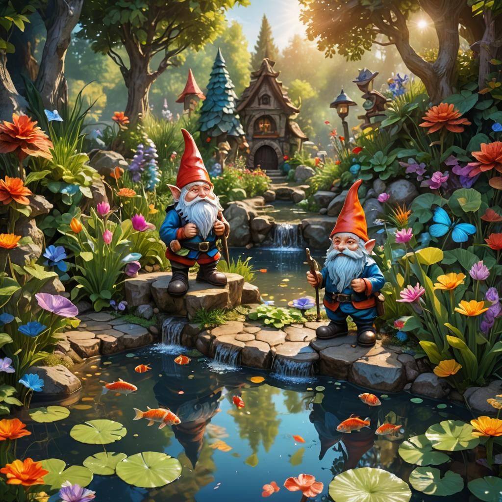 Hyperrealistic Garden with Gnomes and Fishpond Splash Art